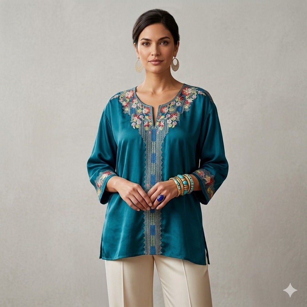 Johnny Was Muna Embroidered Blouse Teal Blue Boho Floral Tunic Top Size Medium